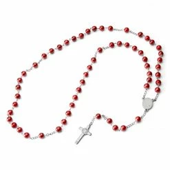 Fort Tempus Silver-Tone & Red Rosary With Silver-Tone Our Lady Of Guadalupe & Cross Beads Necklace