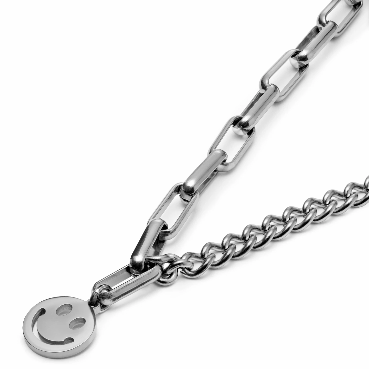 Lucleon Amager | 5 mm Silver-Tone Stainless Steel Smiley Curb & Cable Chain Necklace 4 Lucleon Amager | 5 mm Silver-Tone Stainless Steel Smiley Curb & Cable Chain Necklace - Image 2