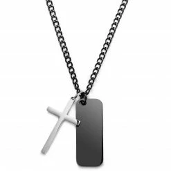 Lucleon Icarus | Black & Silver-Tone Stainless Steel Dog Tag & Cross Curb Chain Necklace -MEN NECKLACES shop 5 1.752b60ddf5b1484c36923af8f6d75a38