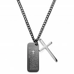 Lucleon Icarus | Black & Silver-Tone Stainless Steel Dog Tag & Cross Curb Chain Necklace