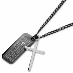 Lucleon Icarus | Black & Silver-Tone Stainless Steel Dog Tag & Cross Curb Chain Necklace -MEN NECKLACES shop 5 3.3113e9f5cbc3447e9d5676816ee18ba0