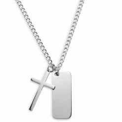 Lucleon Icarus | Silver-Tone Stainless Steel Cross & Dog Tag Curb Chain Necklace -MEN NECKLACES shop 6 1.d961eb8a72452c56df0067af5b098dac