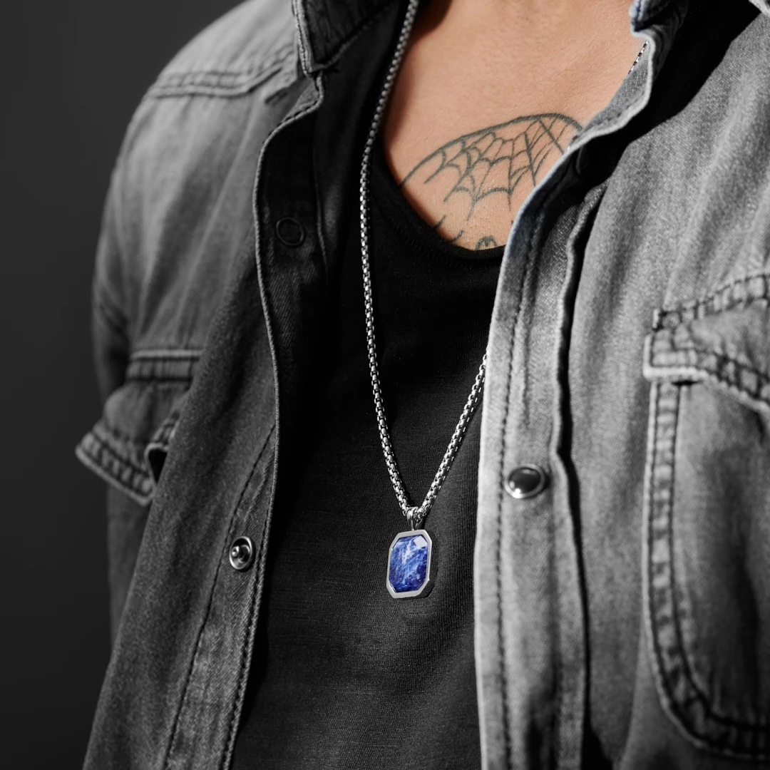 Arkai Orisun | Silver-Tone Stainless Steel & Sodalite Octagon Box Chain Necklace 4 Arkai Orisun | Silver-Tone Stainless Steel & Sodalite Octagon Box Chain Necklace - Image 2