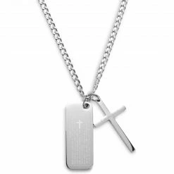 Lucleon Icarus | Silver-Tone Stainless Steel Cross & Dog Tag Curb Chain Necklace