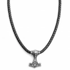 Fort Tempus Black Leather With Double-Sided Viking Hammer Necklace