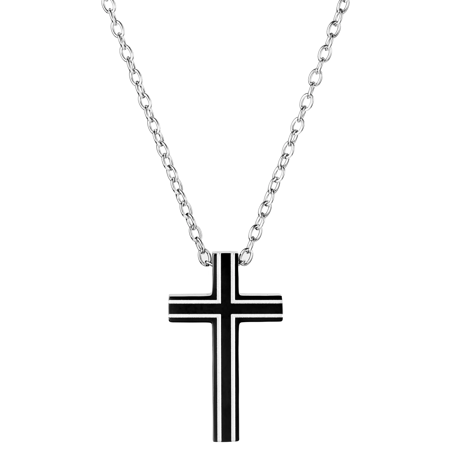 Fort Tempus Silver-Tone & Black Stainless Steel Framed Cross Cable Chain Necklace 7 Fort Tempus Silver-Tone & Black Stainless Steel Framed Cross Cable Chain Necklace - Image 5