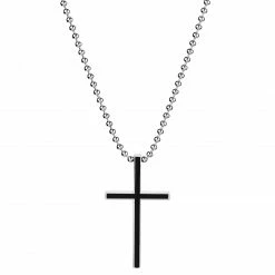 Fort Tempus Silver-Tone Stainless Steel With Black Thin Cross Ball Chain Necklace