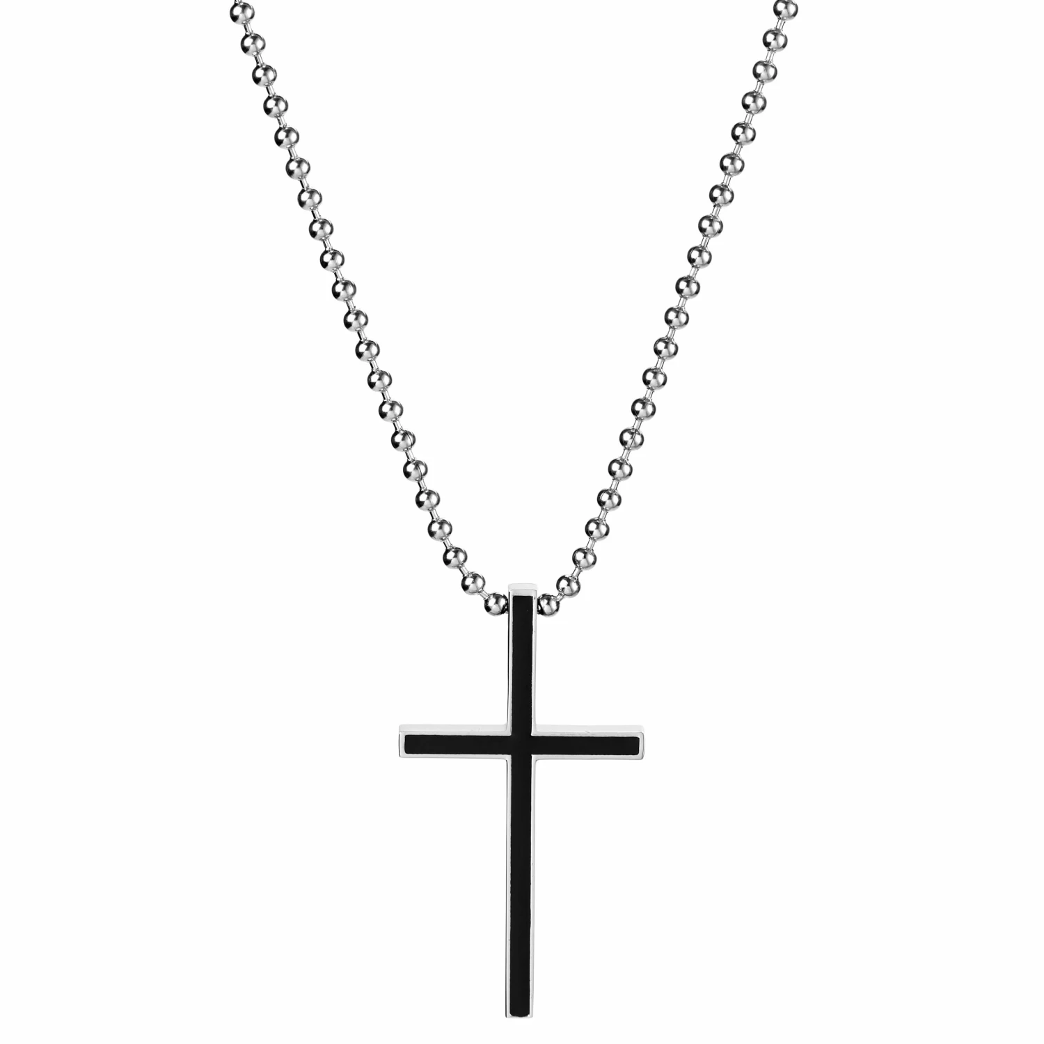Fort Tempus Silver-Tone Stainless Steel With Black Thin Cross Ball Chain Necklace 3 Fort Tempus Silver-Tone Stainless Steel With Black Thin Cross Ball Chain Necklace