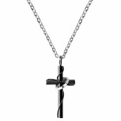 Fort Tempus Silver-Tone Stainless Steel With Black Cross & Silver-Tone Halo Cable Chain Necklace