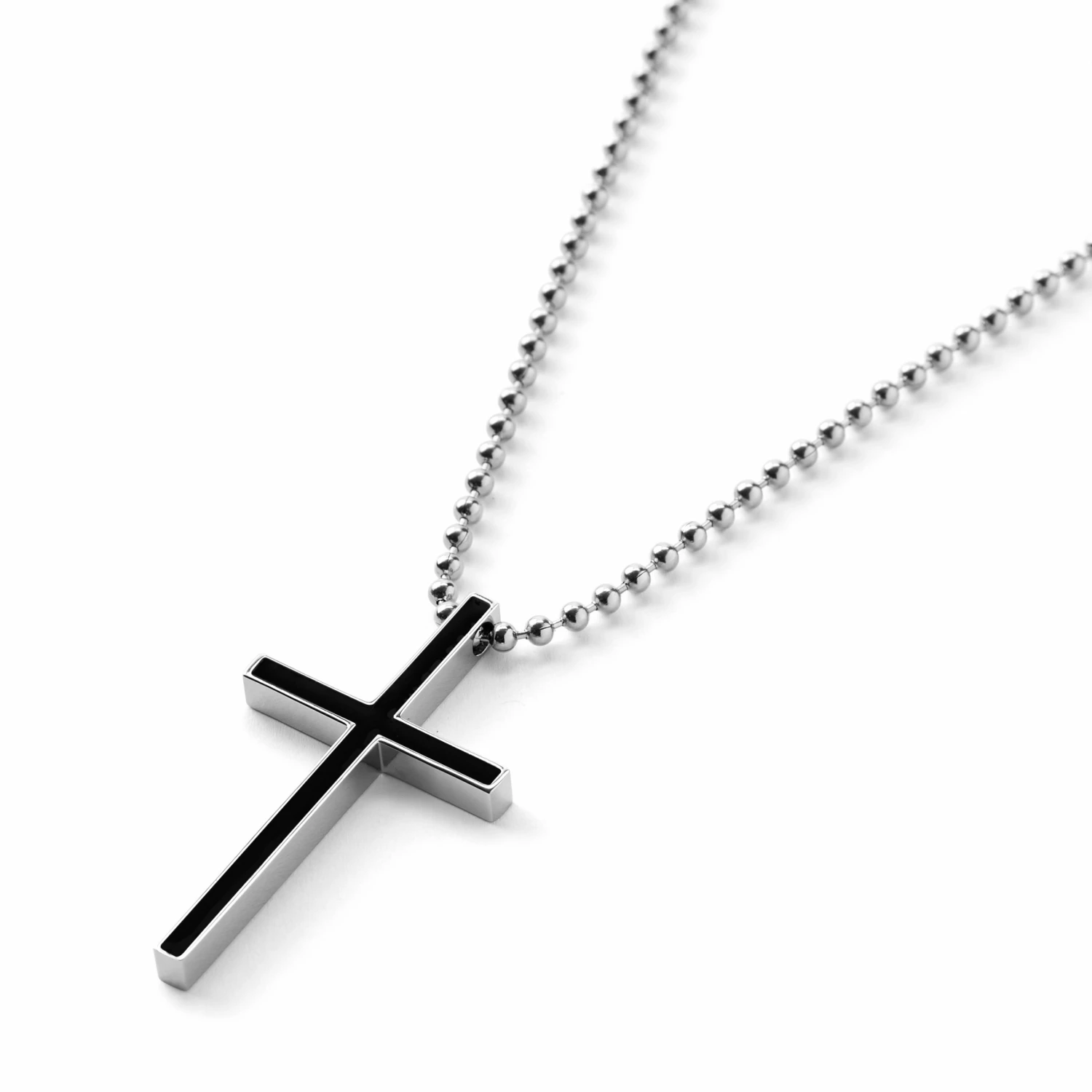 Fort Tempus Silver-Tone Stainless Steel With Black Thin Cross Ball Chain Necklace 4 Fort Tempus Silver-Tone Stainless Steel With Black Thin Cross Ball Chain Necklace - Image 2