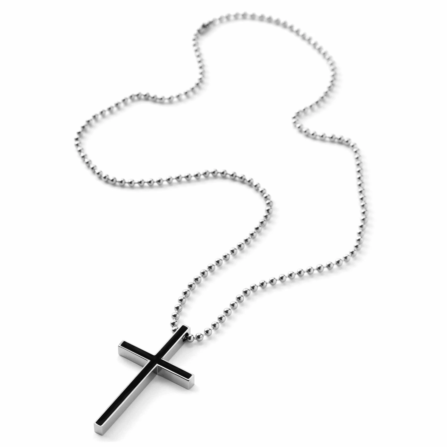 Fort Tempus Silver-Tone Stainless Steel With Black Thin Cross Ball Chain Necklace 5 Fort Tempus Silver-Tone Stainless Steel With Black Thin Cross Ball Chain Necklace - Image 3