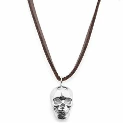 Lucleon Silver-Tone Skull Leather Iconic Necklace