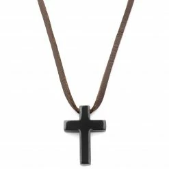 Lucleon Iconic | Brown Leather With Black Stainless Steel Cross Necklace