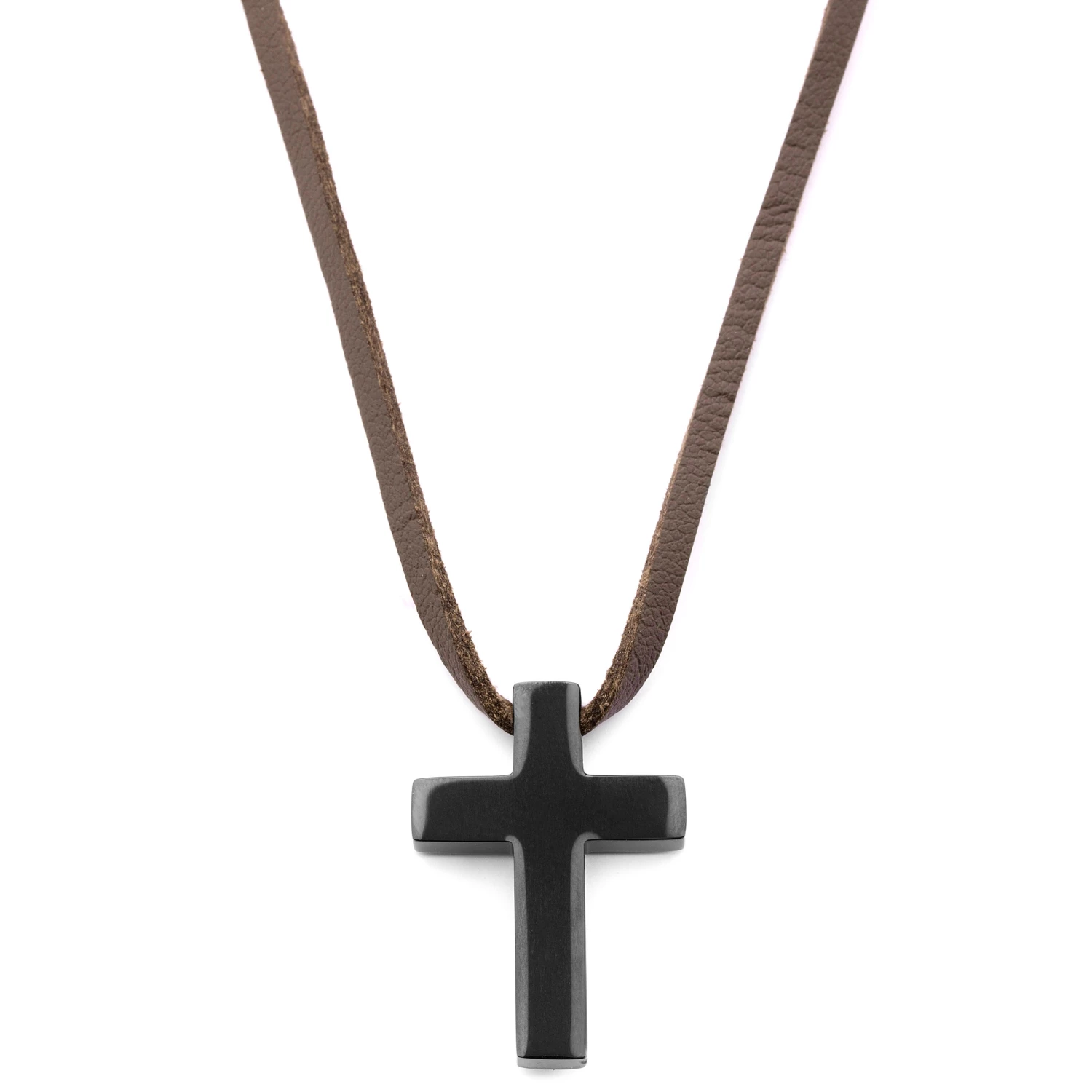 Lucleon Iconic | Brown Leather With Black Stainless Steel Cross Necklace 3 Lucleon Iconic | Brown Leather With Black Stainless Steel Cross Necklace