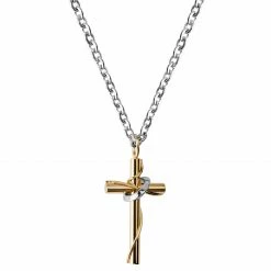 Fort Tempus Silver-Tone Stainless Steel With Gold-Tone Cross & Silver-Tone Halo Cable Chain Necklace