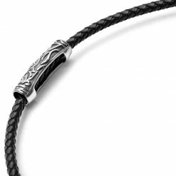 Fort Tempus Black Leather With Silver-Tone Stainless Steel Rune Barrel Necklace -MEN NECKLACES shop 8 2 287
