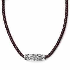 MEN NECKLACES shop 23 Fort Tempus Brown Leather With Silver-Tone Stainless Steel Rune Barrel Necklace