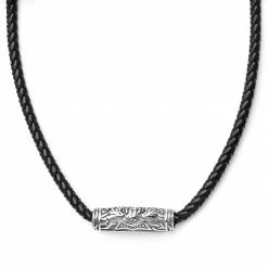 Fort Tempus Black Leather With Silver-Tone Stainless Steel Rune Barrel Necklace