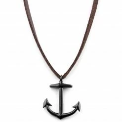 Lucleon Brown Leather With Black Stainless Steel Anchor Necklace