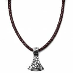 Fort Tempus Brown Leather With Silver-Tone Stainless Steel Norse Axe Necklace