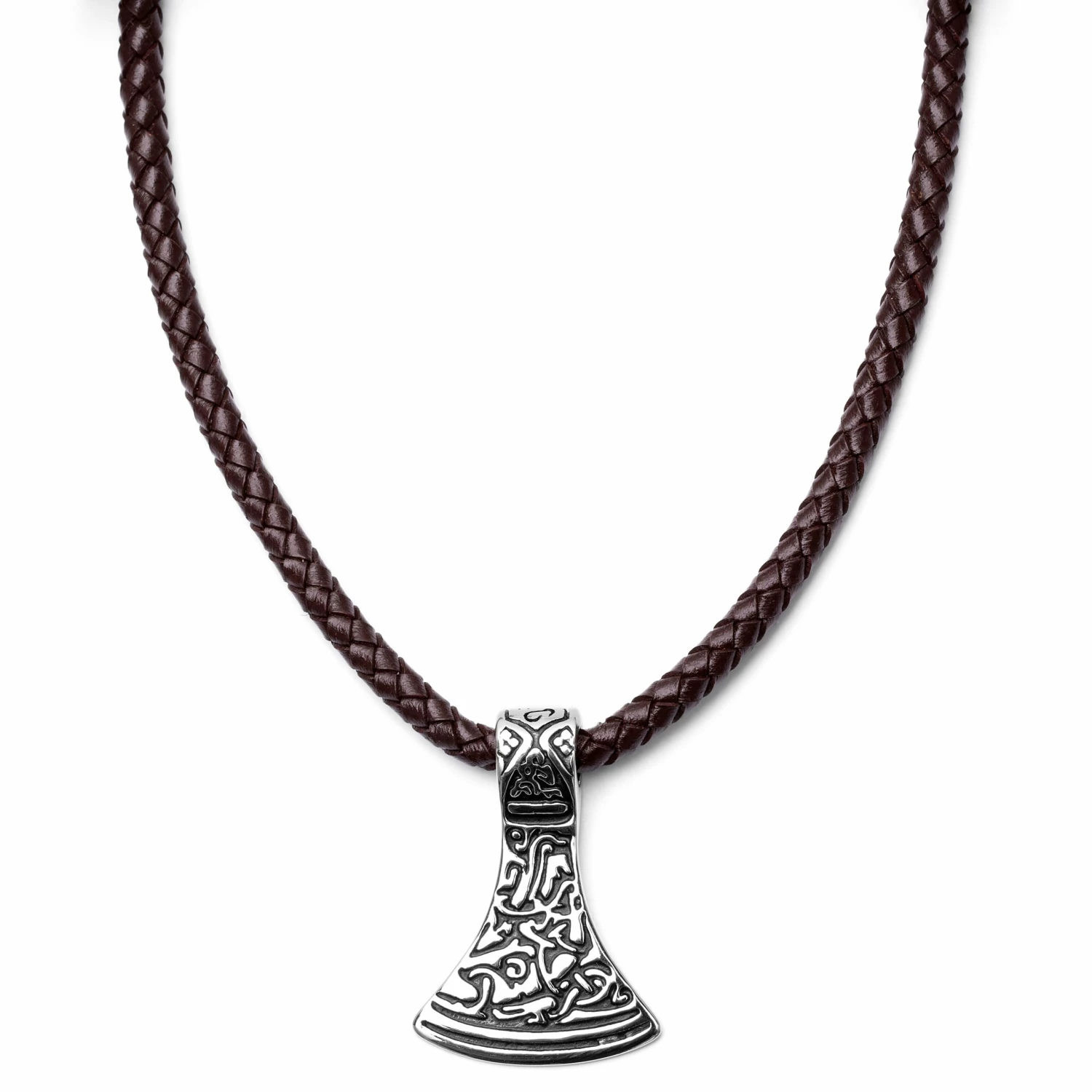 Fort Tempus Brown Leather With Silver-Tone Stainless Steel Norse Axe Necklace 3 Fort Tempus Brown Leather With Silver-Tone Stainless Steel Norse Axe Necklace