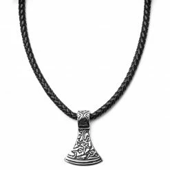 Fort Tempus Black Leather With Silver-Tone Stainless Steel Norse Axe Necklace