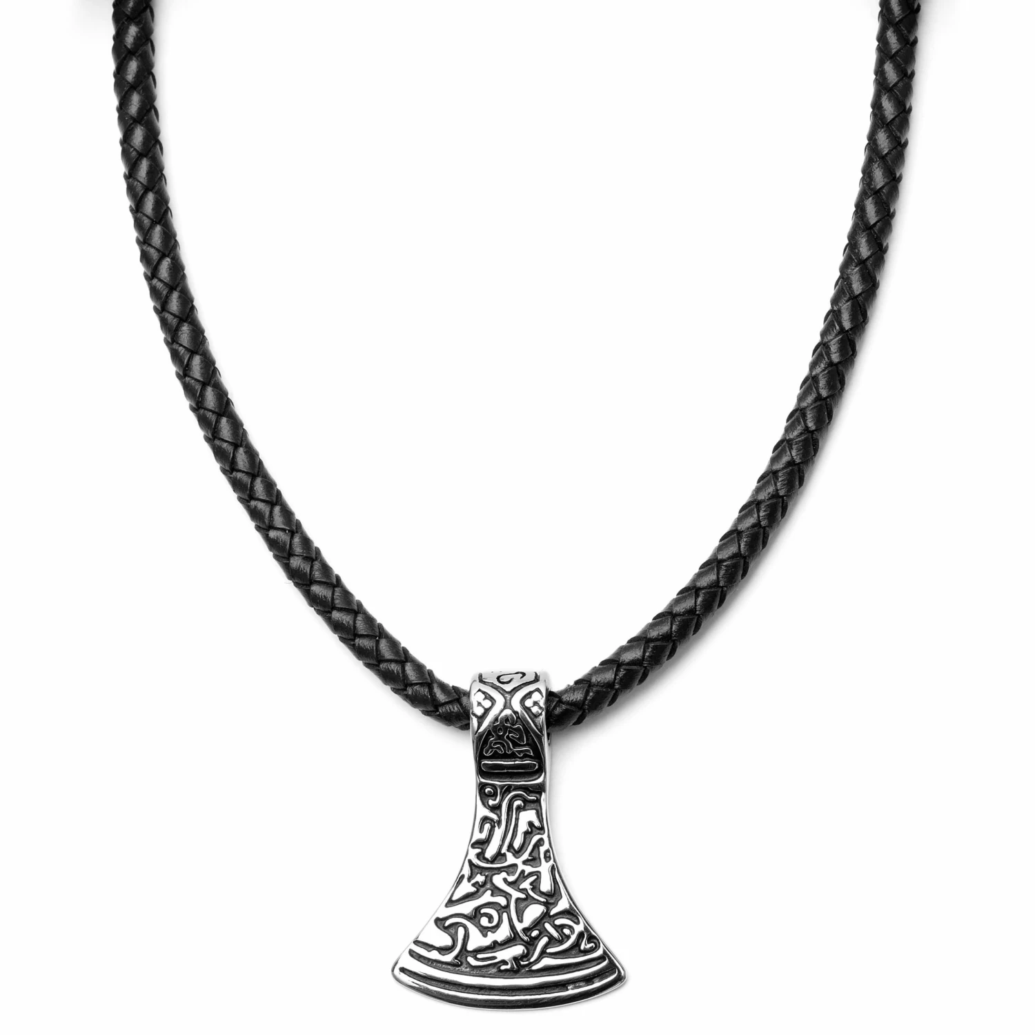 Fort Tempus Black Leather With Silver-Tone Stainless Steel Norse Axe Necklace 3 Fort Tempus Black Leather With Silver-Tone Stainless Steel Norse Axe Necklace