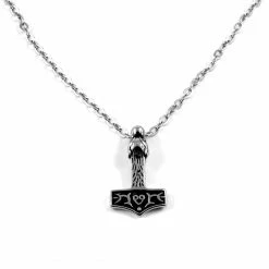 Fort Tempus Silver-Tone & Black Stainless Steel Thor's Hammer Cable Chain Necklace