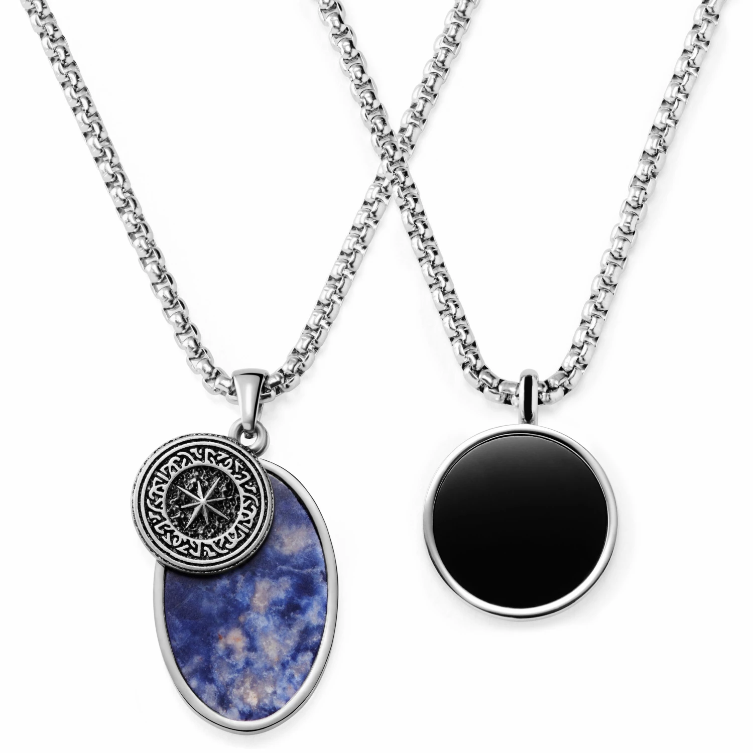 Arkai Orisun | Silver-Tone Stainless Steel Onyx & Sodalite Necklace Layering Set 3 Arkai Orisun | Silver-Tone Stainless Steel Onyx & Sodalite Necklace Layering Set