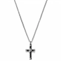 Lucleon Silver-Tone Stainless Steel With Black & Silver-Tone Cable Cross Cable Chain Necklace