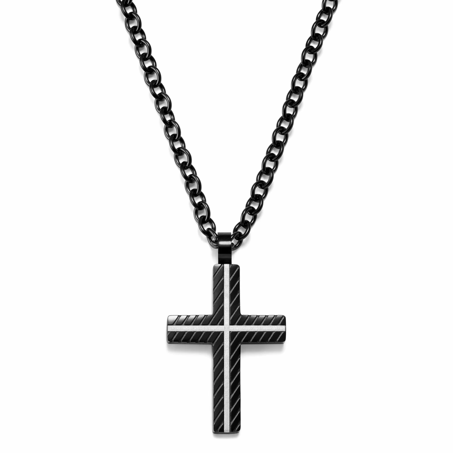 Lucleon Black Stainless Steel With Black & White Cross Cable Chain Necklace 3 Lucleon Black Stainless Steel With Black & White Cross Cable Chain Necklace