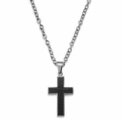 Lucleon Silver-Tone Stainless Steel & Black Carbon Fibre Inlay Cross Necklace