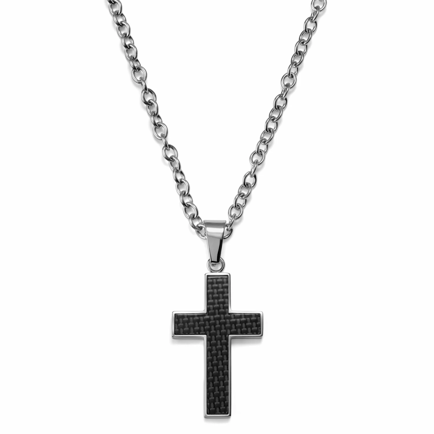 Lucleon Silver-Tone Stainless Steel & Black Carbon Fibre Inlay Cross Necklace 3 Lucleon Silver-Tone Stainless Steel & Black Carbon Fibre Inlay Cross Necklace