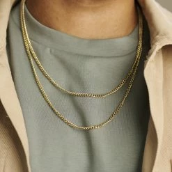 Arkai Rico | 3 mm Gold-Tone Double Layered Curb Chain Necklace -MEN NECKLACES shop ak ricocollection nathan necklace 1x1 17rr