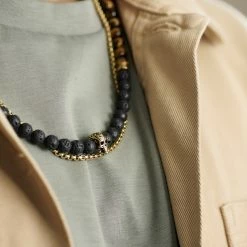 Arkai Rico | Gold-Tone With Lava Rock & Brown Tiger's Eye Necklace Set -MEN NECKLACES shop ak ricocollection nathan necklace 1x1 2