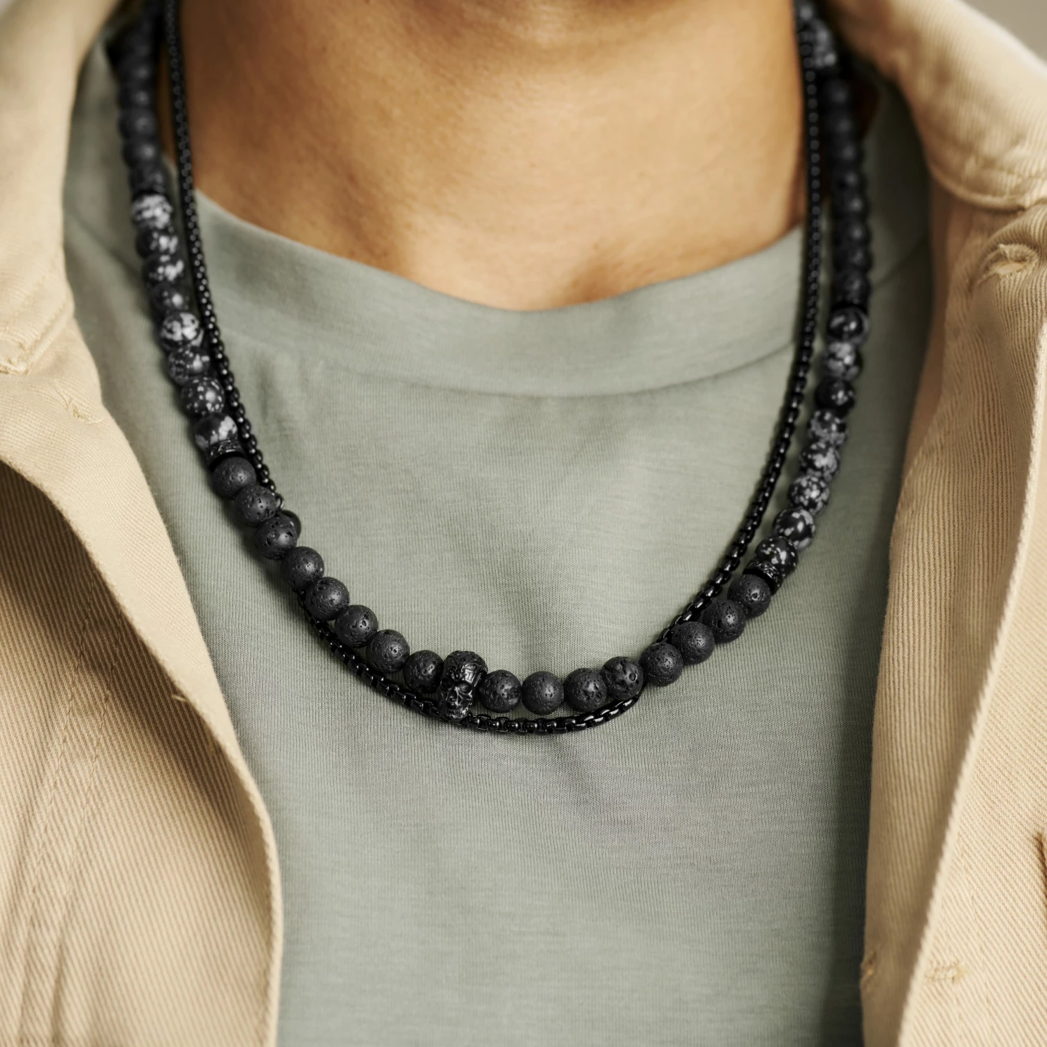 Arkai Rico | Black Stainless Steel Box Chain & Lava Rock/Snowflake Obsidian Necklace Set 4 Arkai Rico | Black Stainless Steel Box Chain & Lava Rock/Snowflake Obsidian Necklace Set - Image 2