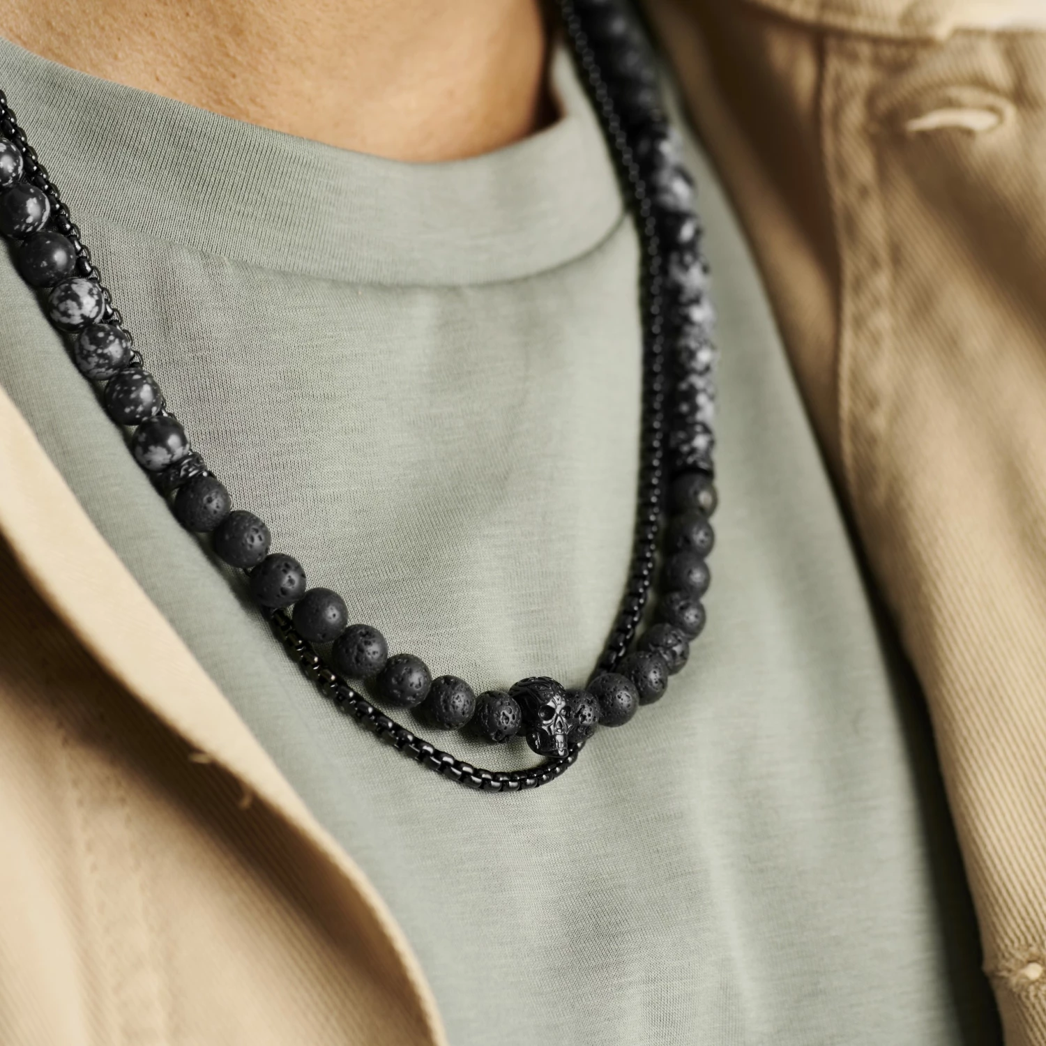 Arkai Rico | Black Stainless Steel Box Chain & Lava Rock/Snowflake Obsidian Necklace Set 5 Arkai Rico | Black Stainless Steel Box Chain & Lava Rock/Snowflake Obsidian Necklace Set - Image 3