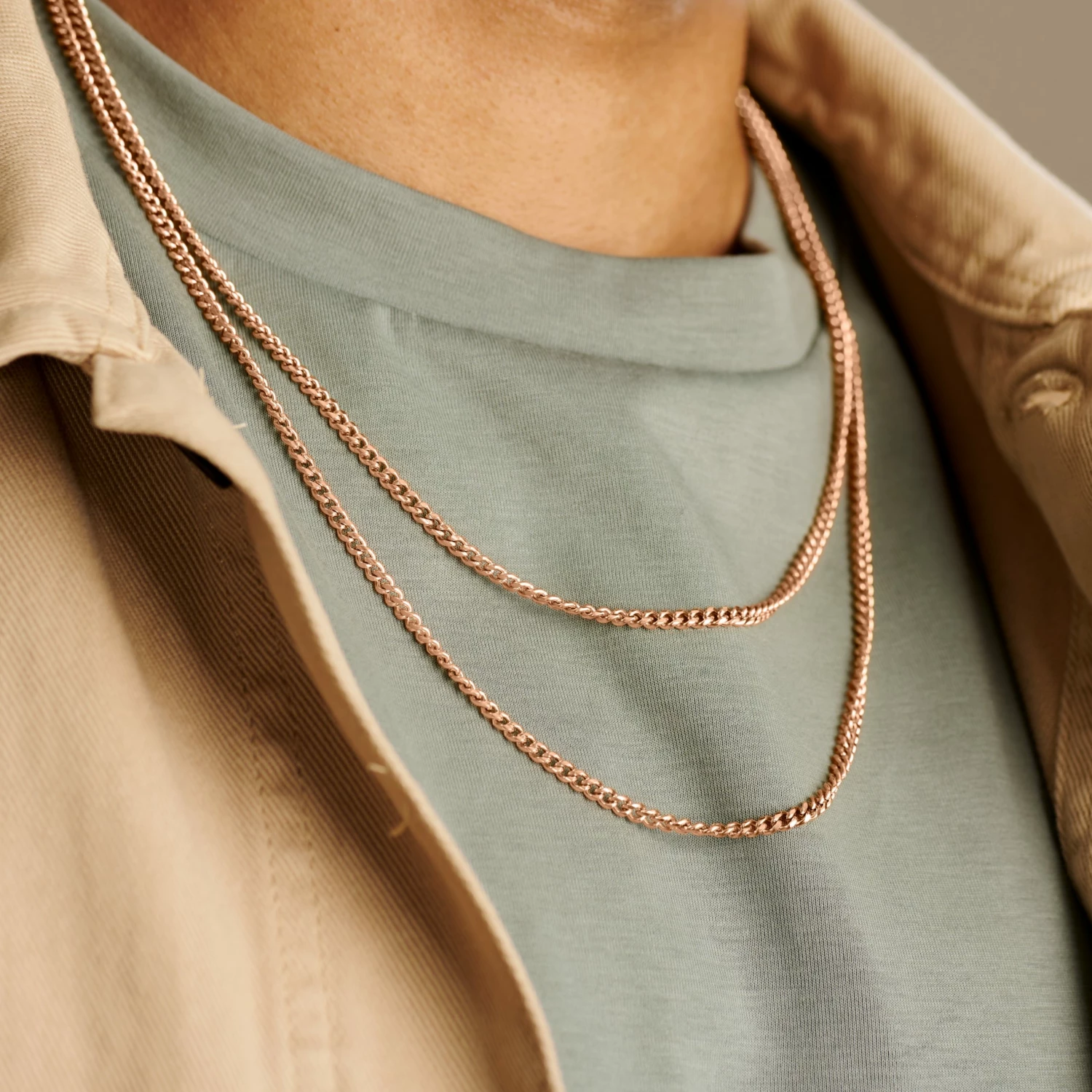Arkai Rico | 3 mm Rose Gold-Tone Stainless Steel Double Layered Curb Chain Necklace 4 Arkai Rico | 3 mm Rose Gold-Tone Stainless Steel Double Layered Curb Chain Necklace - Image 2
