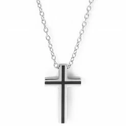 Fort Tempus Silver-Tone & Black Stainless Steel Framed Cross Cable Chain Necklace