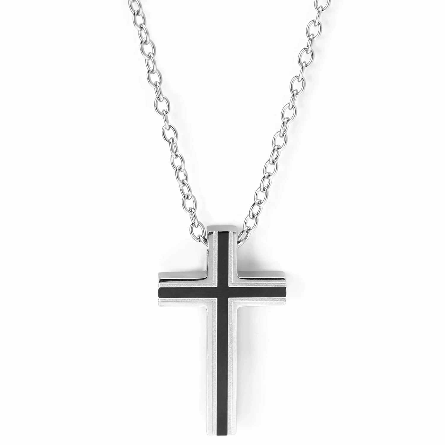 Fort Tempus Silver-Tone & Black Stainless Steel Framed Cross Cable Chain Necklace 3 Fort Tempus Silver-Tone & Black Stainless Steel Framed Cross Cable Chain Necklace