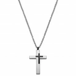 Lucleon Silver-Tone & Black Stainless Steel Cross Cable Chain Necklace -MEN NECKLACES shop bjhvhkhg