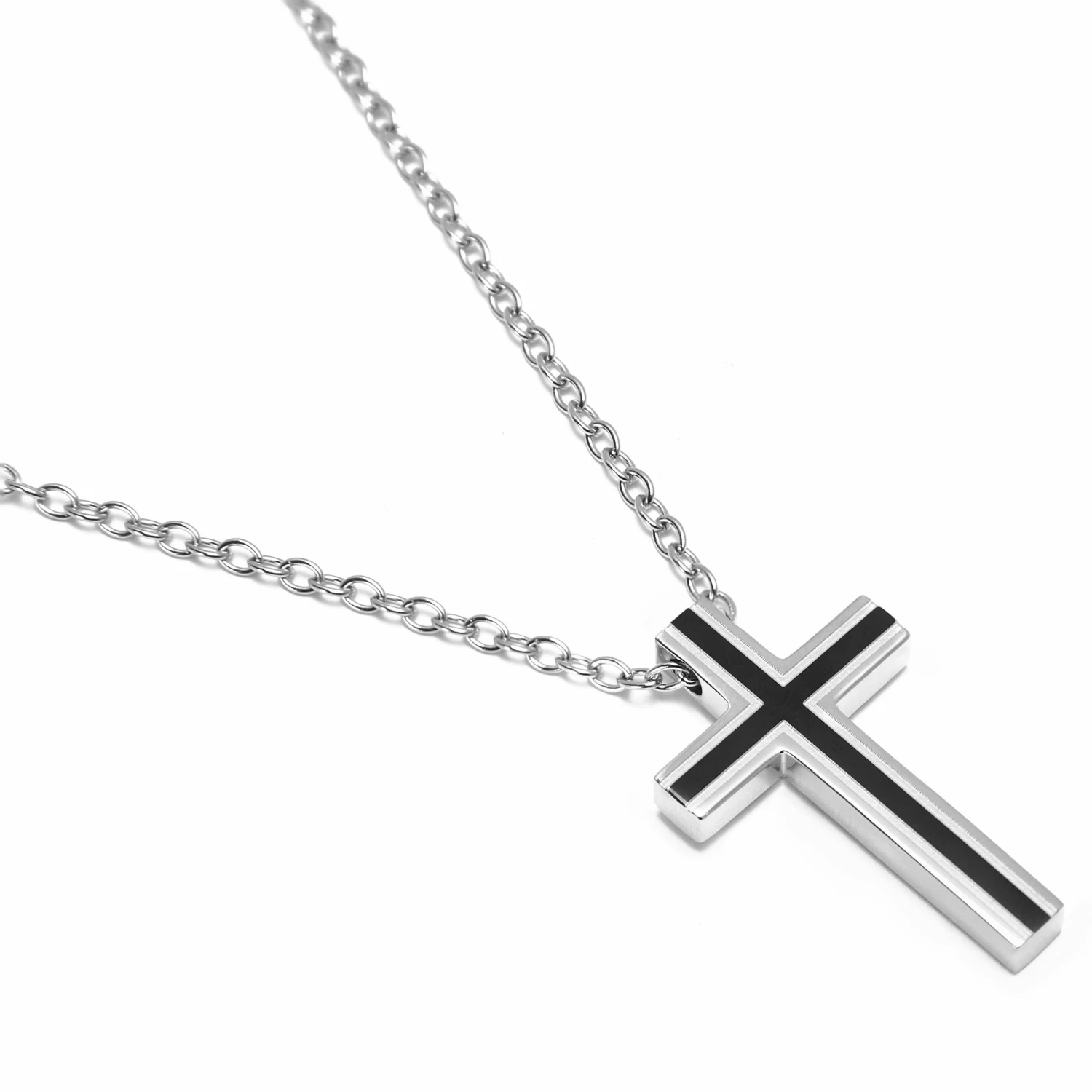 Fort Tempus Silver-Tone & Black Stainless Steel Framed Cross Cable Chain Necklace 4 Fort Tempus Silver-Tone & Black Stainless Steel Framed Cross Cable Chain Necklace - Image 2