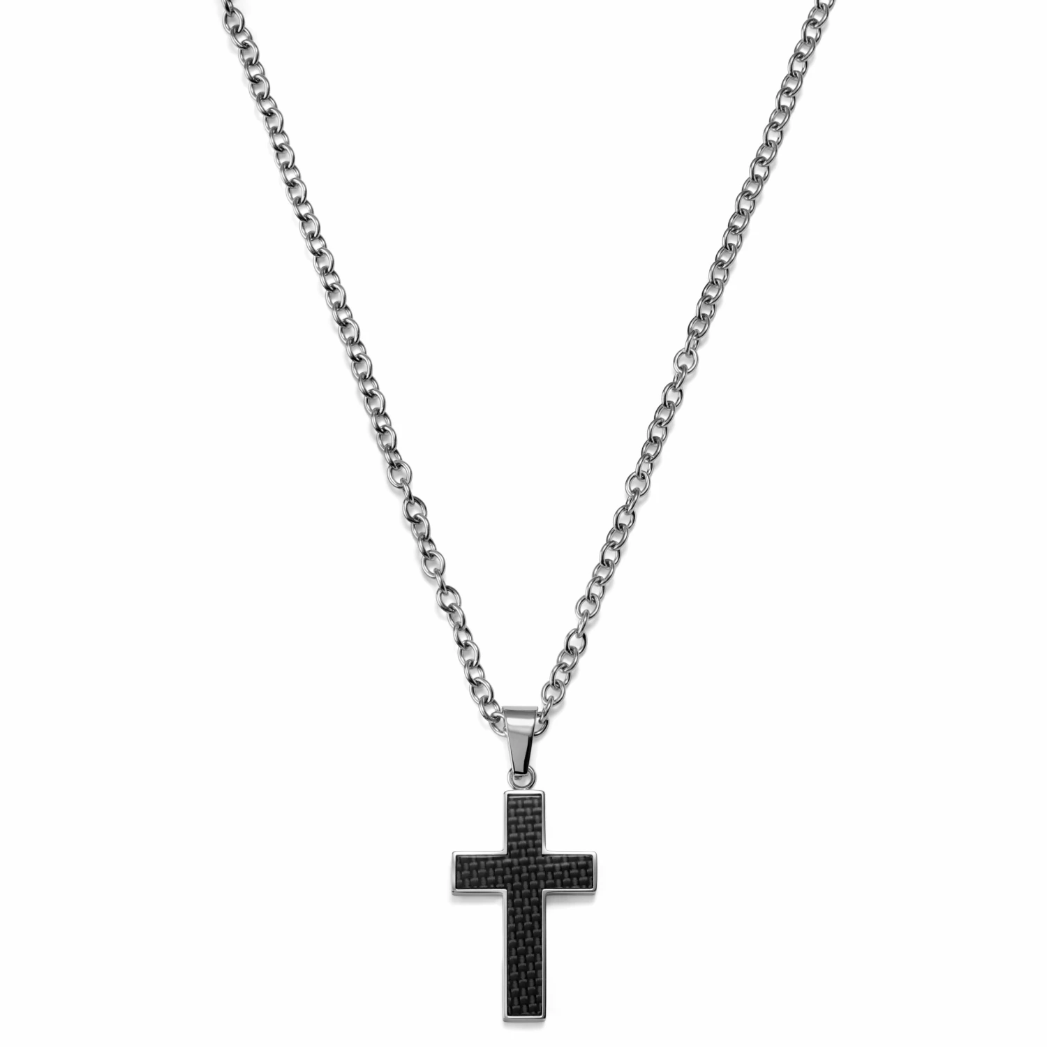 Lucleon Silver-Tone Stainless Steel & Black Carbon Fibre Inlay Cross Necklace 4 Lucleon Silver-Tone Stainless Steel & Black Carbon Fibre Inlay Cross Necklace - Image 2