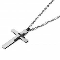 Lucleon Silver-Tone & Black Stainless Steel Cross Cable Chain Necklace -MEN NECKLACES shop cjkgfrdutdfui
