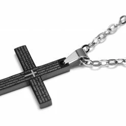 Fort Tempus Silver-Tone Stainless Steel Small Black Cross Cable Chain Necklace -MEN NECKLACES shop cnjkds