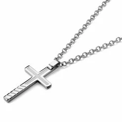 Lucleon Silver-Tone Stainless Steel Inlined Cross Cable Chain Necklace -MEN NECKLACES shop crosssteel2