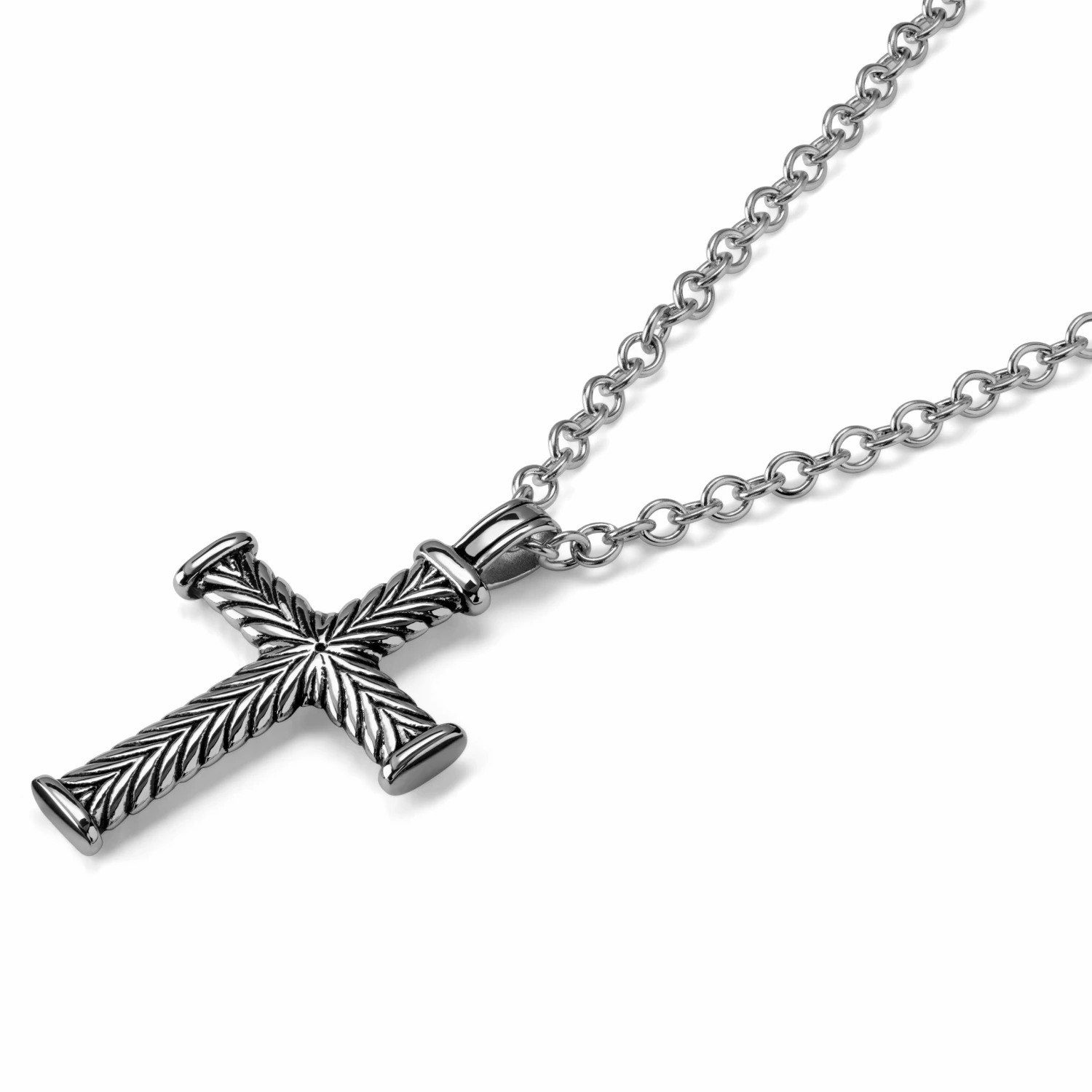 Lucleon Silver-Tone Stainless Steel With Leaf Cross Cable Chain Necklace 4 Lucleon Silver-Tone Stainless Steel With Leaf Cross Cable Chain Necklace - Image 2