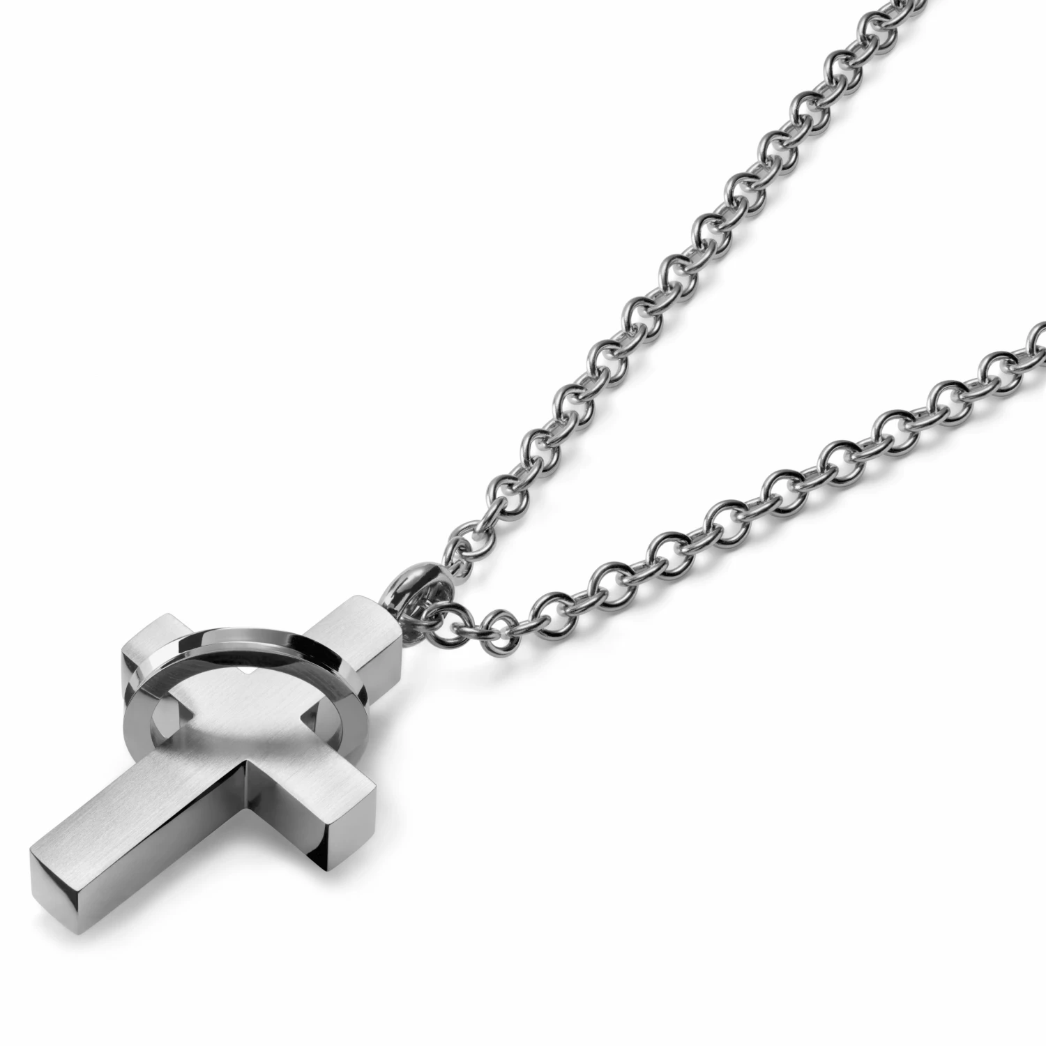 Lucleon Silver-Tone Stainless Steel With Cross & Ring Cable Chain Necklace 4 Lucleon Silver-Tone Stainless Steel With Cross & Ring Cable Chain Necklace - Image 2