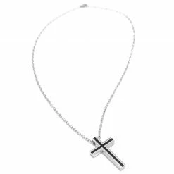 Fort Tempus Silver-Tone & Black Stainless Steel Framed Cross Cable Chain Necklace 11 Fort Tempus Silver-Tone & Black Stainless Steel Framed Cross Cable Chain Necklace -MEN NECKLACES shop dnfjl