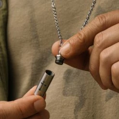 Fort Tempus Silver-Tone Stainless Steel Secret Compartment with Cross Cable Chain Necklace -MEN NECKLACES shop dsc6103 bm